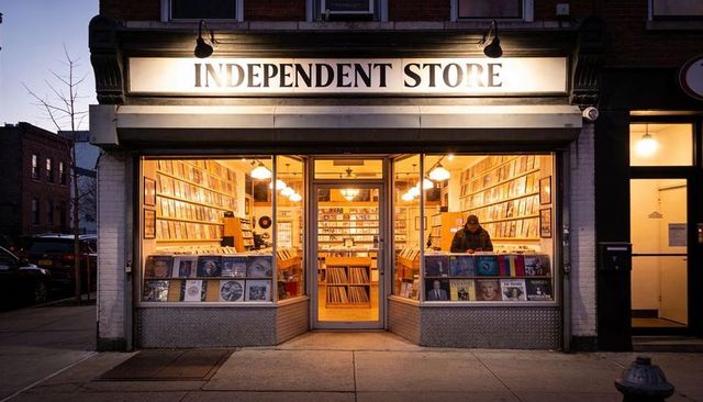 Glowing indie record shop at twilight featuring vinyl records, clerk, warm lighting