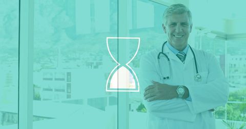 Confident doctor analyzing time and data in modern medical facility