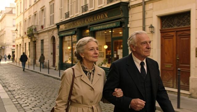 Senior couple strolling arm in arm on cobblestone street outside quaint european bakery