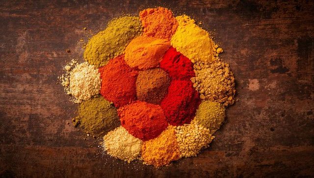 Vibrant circular spice piles on rustic wooden tabletop with turmeric, paprika, curry, chili