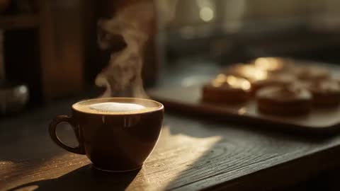 Steaming cup of coffee on wooden table by sunlit window while pastries warm on tray