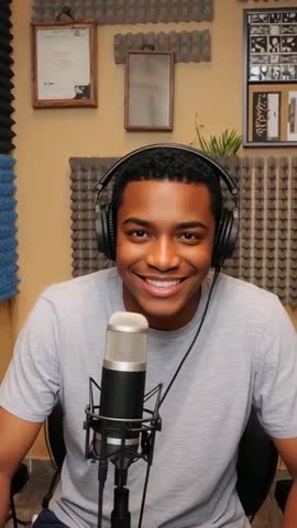Vertical podcast recording: Smiling host wearing headphones speaking into microphone