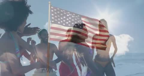 Group Enjoys Beach Day with American Flag Overlay Animation
