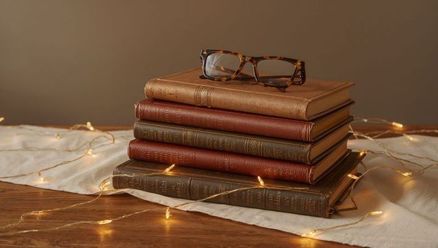 Vintage leather-bound books stack with tortoiseshell glasses and warm fairy lights
