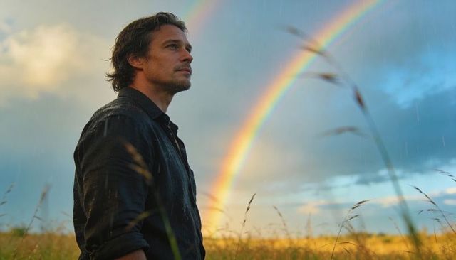 Man standing in rain gazing at vivid double rainbow over golden meadow at dusk