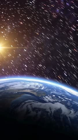 Vertical Orbital Video Showing Earth Arc, Streaking Stars and Sun Flare Accelerating Orbit