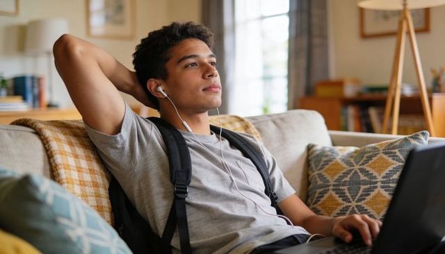 Teen relaxing on sofa using laptop and wired earphones in bright home living space