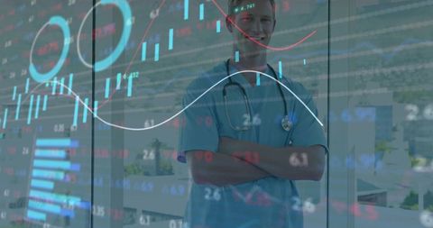 Data-driven healthcare: Male doctor in blue scrubs with stethoscope and analytics overlay