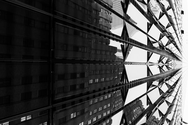 This minimalist black and white image features the abstract reflections of city buildings in the glass facade of a modern skyscraper. The symmetry and geometric patterns are ideal for illustrating urban environments or enhancing corporate websites, architecture blogs, and design presentations. The focus on reflections can also symbolize introspection or duality, making it suitable for creative projects exploring these concepts.