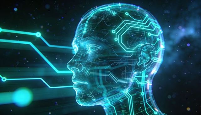 Glowing Neon Cybernetic Head Streaming Digital Circuits and Neural Network Data Flow AI