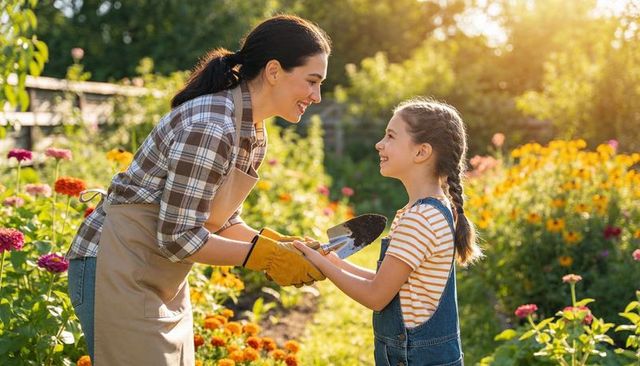 Mother teaching daughter gardening with hand trowel in sunny flower garden, backyard bond