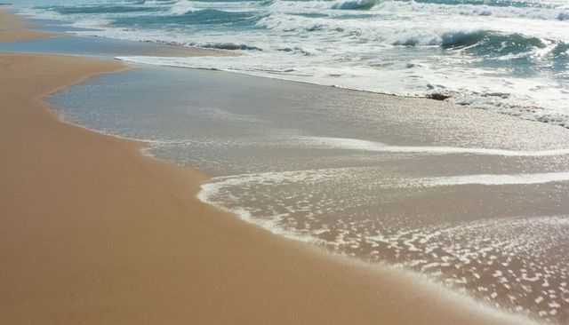 Shaping wet sand shoreline with lace foam and shallow tidal pools, sunlit coastal texture
