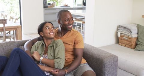 Happy Couple Relaxing on Sofa in Modern Living Room