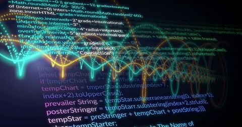 Neon Code and Oscillating Waveform Data Visualization with Glowing Particle Trails