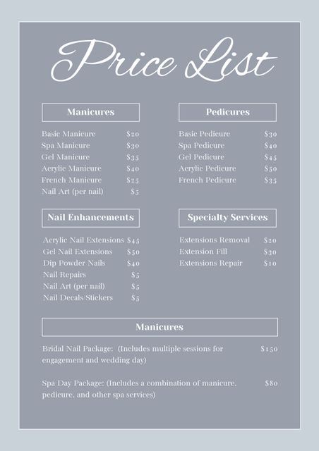 Elegant price list features various nail care services including manicures, pedicures, nail enhancements, and specialty services. Perfect for spas and salons, this template effectively showcases available options and pricing. Could be used as promotional material posted on websites, printed as brochures or displayed in the salon.