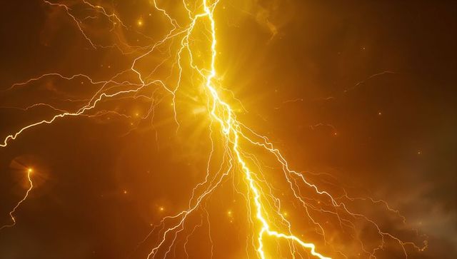 Golden Lightning Strikes Barrage through Stormy Orange-Tinted Sky