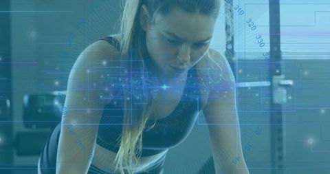 Athlete Innovatively Exercising with Digital Fitness Data Overlay