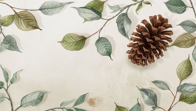 Resting Brown Pine Cone with Watercolor Leaves on Cream Textured Paper Background