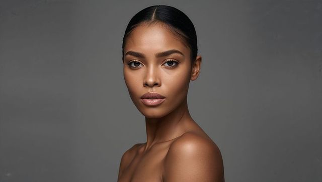 Elegant woman posing with smooth skin and center-part hair minimal beauty portrait