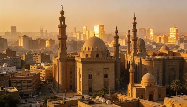 Golden-hour historic mosque complex and urban skyline with domes, minarets, sandstone