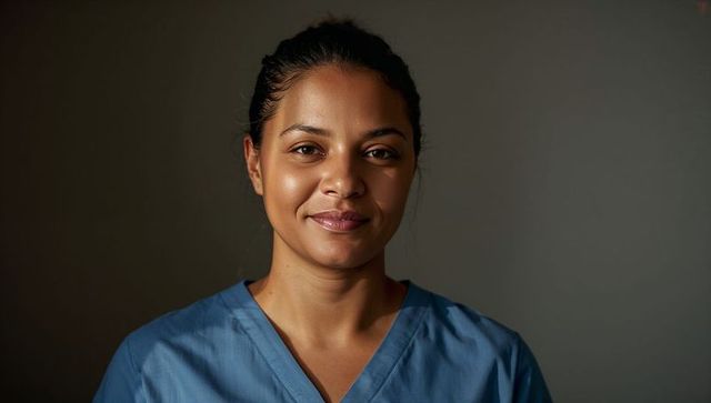Smiling nurse wearing blue medical scrubs standing against neutral gray background