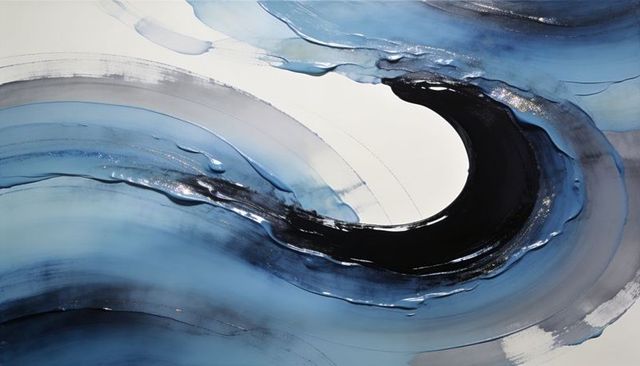 Oceanic blue swirl abstract painting with metallic accents and textured impasto crescent