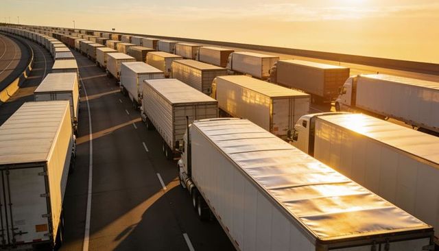 Golden hour convoy of white semi trailers lining highway, logistics fleet reaching horizon
