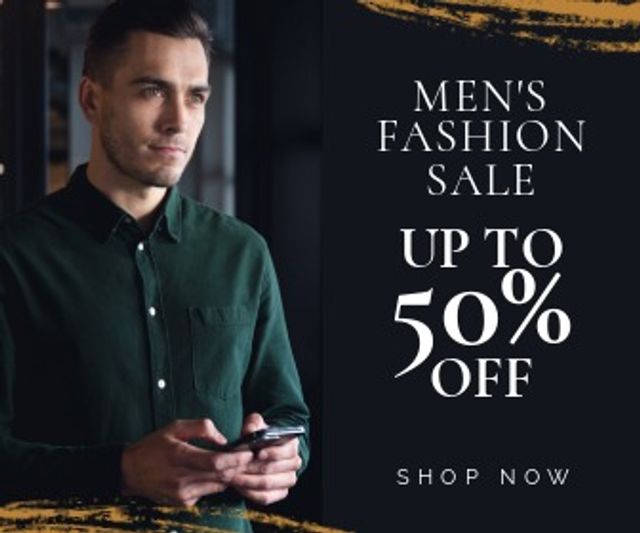 Appealing online promotion for men’s fashion sale featuring a stylish man holding a smartphone. Suitable for advertisements, social media posts, website banners, and email marketing campaigns focusing on men's clothing discounts and retail events.