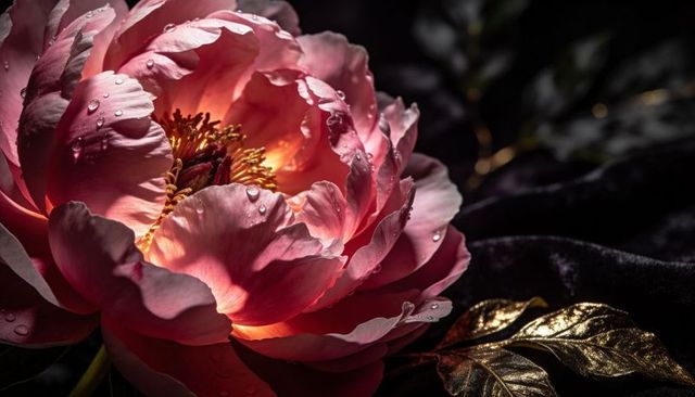 Glowing Pink Peony Macro with Dewdrops and Gold Leaves, Dramatic Low-Key Velvet Floral