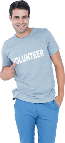 Smiling caucasian man wearing volunteer shirt on transparent background