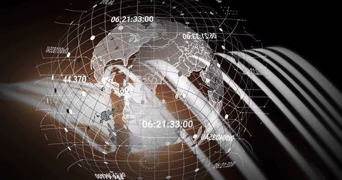 Rotating 3d globe showing digital grid, time stamps and network nodes on dark backdrop