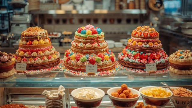 Showcasing Colorful Tiered Naked Cakes with Fresh Fruit, Cream Rosettes and Sprinkles