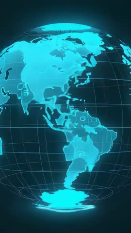 Vertical holographic globe rotating from Europe to Pacific with neon data grid and HUD