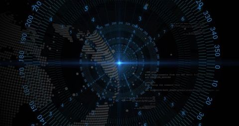 Futuristic HUD displaying blue radar rings, dotted globe and holographic code overlays