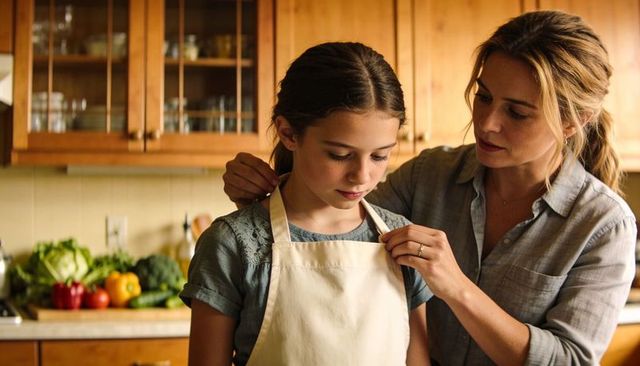 Mother helping daughter tie apron in warm home kitchen with fresh produce