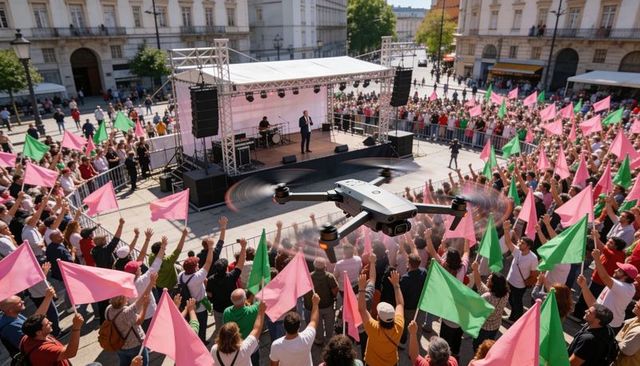 Drone capturing crowded rally with pink and green flags and stage speaker