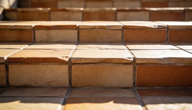 Sunlit Terracotta Steps Showing Weathered Tiles, Chipped Edges, Grout Lines and Shadows