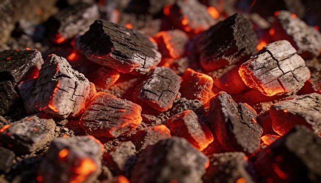 Smoldering charcoal briquettes glowing embers closeup warm grill heat and ash texture