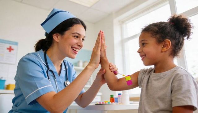 Nurse high-fiving child after vaccination in bright pediatric clinic, caring moment
