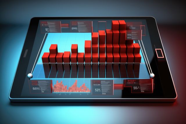 Tablet with red graph bars on grey background, created using generative ai technology. Statistics, graphs and charts concept digitally generated image.
