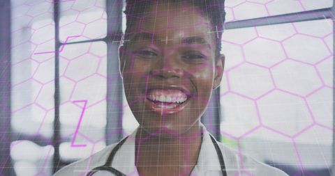 African American Doctor Analyzed with Digital Interface Overlay