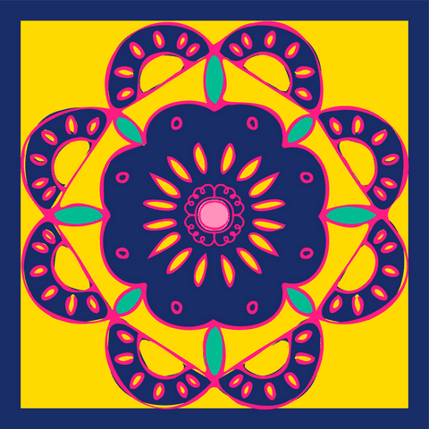 Transparent mandala with vibrant navy rosette petals and leaves
