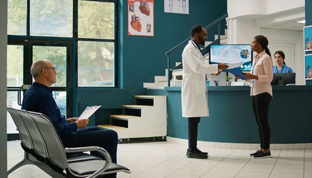 Doctor handing patient records to clinic staff at reception desk with waiting patient