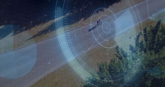 Cyclist with Futuristic HUD Overlay in Sunny Park Path Scene