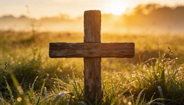 Weathered wooden cross standing in dewy meadow at dawn backlit golden spiritual landscape