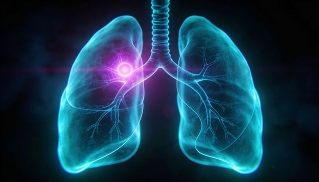Translucent Lungs with Glowing Magenta Lesion Depicting Bronchial Anatomy for Medical Use