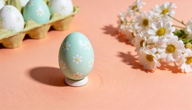 Displaying pastel mint-green egg decorated with daisies on peach tabletop with egg carton