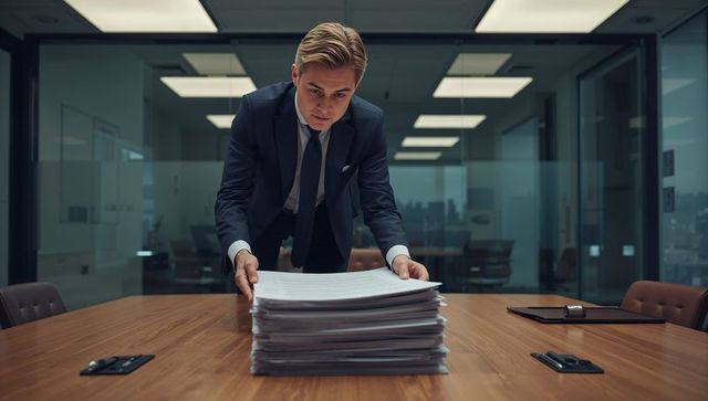 Young executive leaning over boardroom table reviewing thick stack of documents