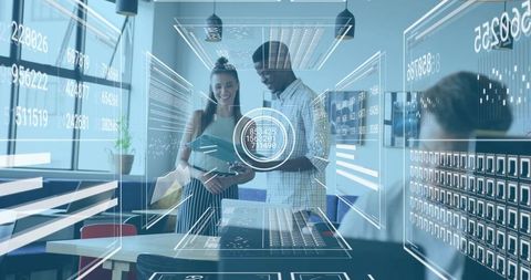 Collaborators reviewing tablet with augmented reality data overlays in modern office