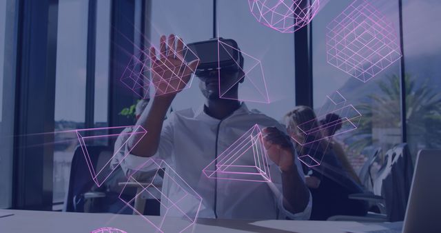 Image of glowing 3d shapes of data transfer over african american man in vr headset - Download Free Stock Photos Pikwizard.com